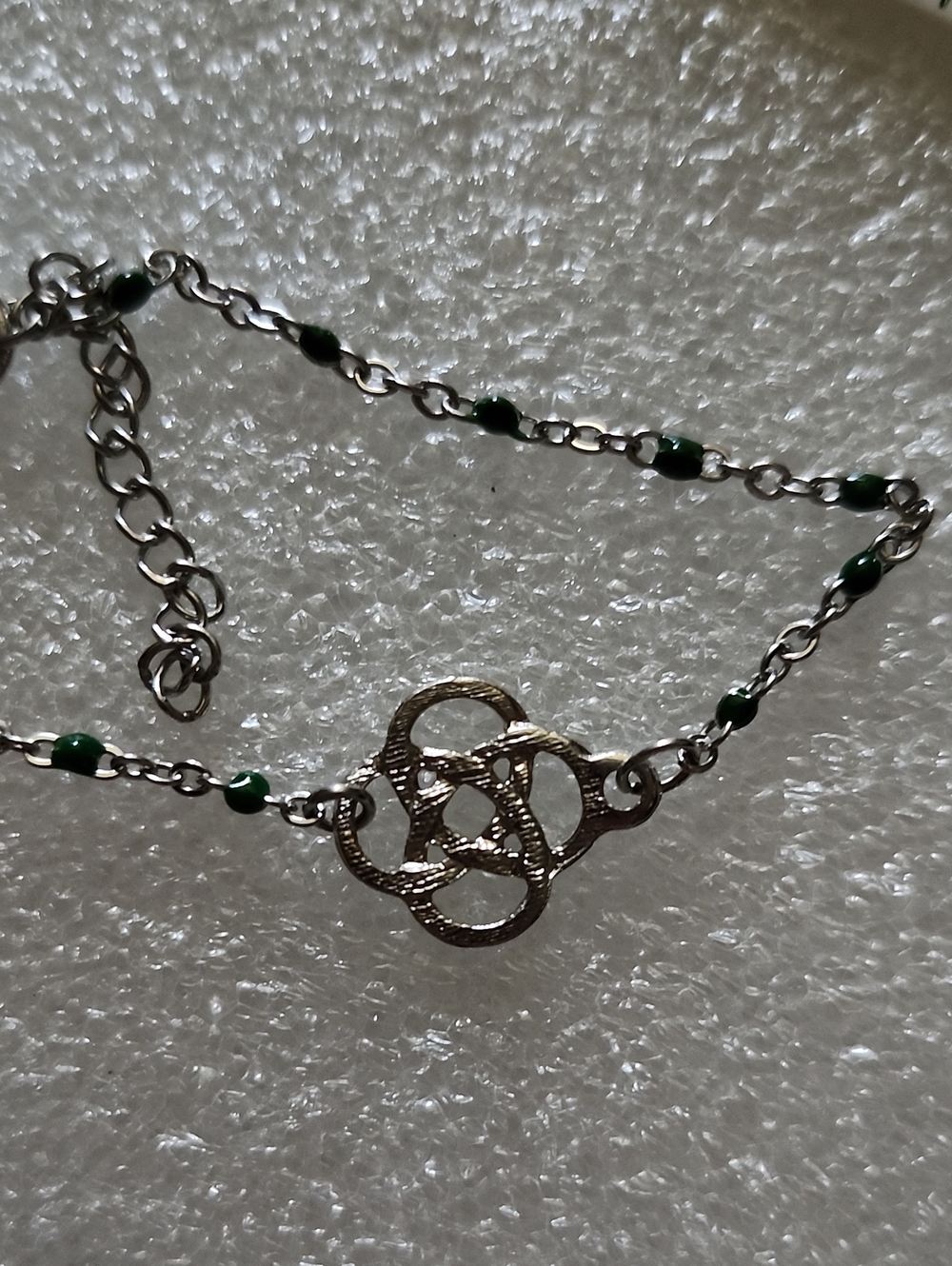 Hand Crafted Silver-Tone Celtic Knot Bracelet with Green Beads